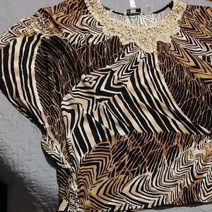 Michael Edwards Brown & Black Zebra Print Blouse with Beaded Neckline Sz 18/20